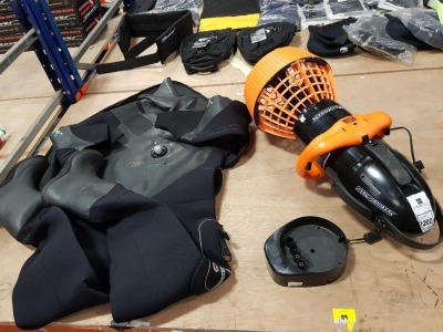 2 PIECE LOT TO INCLUDE 1 X DIVING DRY SUIT NORTHERN DIVER RBX UBBATEX AND 1 X SEA SCOOTER