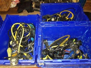 3 LARGE TRAYS OF DIVING EQUIPMENT TO INCLUDE VARIOUS DIVE COMPRESSOR HOSES