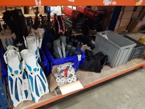 5 LARGE TRAYS OF MIXED DIVING EQUIPMENT TO INCLUDE VARIOUS DIVING FINS (SOME ARE BRAND NEW), RALF TECH HARNESS AND VARIOUS LEAD WEIGHTS