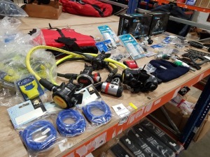 HALF BAY OF MIXED BRAND NEW DIVING EQUIPMENT TO INCLUDE BREATHING HOSES, H2ODYSSEY TORID PULSE, SONY COMPACT CHARGERS, CSR LAFE JACKET, CETACEA MOUTHPIECES, ETC