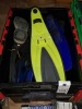 4 X LARGE TRAYS OF MIXED DIVING EQUIPMENT TO INCLUDE VARIOUS DIVING FINS, GLOVES, REGULATOR HOSES, WATERPROOF LED TORCHES, BEAVER CYLINDER MESH, ETC - 3