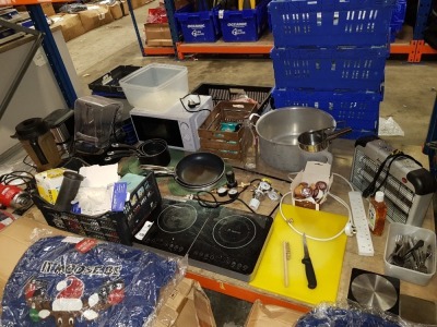 FULL BAY OF MIXED CATERING LOT TO INCLUDE NYYIN BLENDER, YABANO COFFEE MACHINE, SAMMIC MIXER, VARIOUS PANS AND POTS, MICROWAVE, OOBOSI, ELECTRIC DOUBLE HOB, ETC