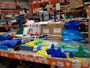 3/4 BAY CONTAINING MIXED CLEANING EQUIPMENT LOT TO INCLUDE VARIOUS CLEANING EQUIPMENT I.E. HENRY BAGS, MOPS, BRUSHES, ETC