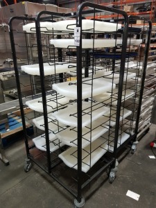 2 X POWDER COATED CLEARING TROLLEY TRAY RACKS - 24 SHELVES ON WHEELS INCLUDES LARGE QUANTITY OF PLASTIC TRAYS