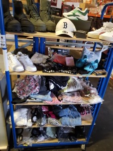 50 X BRAND NEW MIXED CLOTHING LOT CONTAINING PUMA HIGH TOPS, NEW ER CAP, ADIDAS FOOTBALL BOOTS, PULL&BEAR HAND BAG, RIVER ISLAND DENIM JEANS, DKNY SHOES, TOPSHOP DENIM JACKET ETC