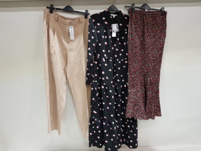 17 X PIECE MIXED CLOTHING LOT CONTAINING - 4X DOROTHY PERKINS NAVY DRESSES SIZE 10- 4X TOPSHOP BEIGE PANTS IN SIZE 18 - 1 X TOPSHOP WHITE SHIRTS - TOPSHOP LONG DRESS - ETC