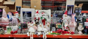 APPROX 50+ MIXED CHRISTMAS DECORATION LOT CONTAINING SET OF 3 ACRYLIC TWINKLING PYRAMIDS, WATER SPINNER WHITE LED, 90CM REINDEER HEAD, REVOLVING MUSICAL STAND FOR ARTIFICIAL TREES, VARIOUS DOLLS, CANDLE LANTERN, ETC. (SOME CUSTOMER RETURNS- SOME DAMAGED I