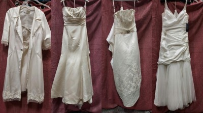 4 X EX-BRIDAL SHOP IVORY WEDDING DRESSES - SIZES UNKNOWN IE. ALFRED ANGELO, ELLIS BRIDALS, MATELIER DIAGONAL, SOPHIA TOLLI