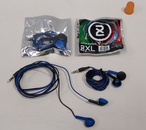 125 X BRAND NEW SKULLCANDY AUX OFFSET EARPHONES IN BLUE AND BLACK - IN SEALED BAGS - (HALF A BOX - PICK LOOSE)