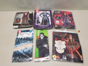 23 X BRAND NEW MIXED CLOTHING LOT CONTAINING 3X SMIFFYS CRAZY CLOWN CIRCUS RAINBOW WIG- 2X CHILD FANCY DRESS HALLOWEEN WICKED WEB COSTUMES 8-10 YEARS - 6 X - X-RAY SKELETON LADIES FANCY DRESS COSTUMES IN SIZE SMALL - 5X RUBIES KILLER CROC SUICIDE VILLAIN 