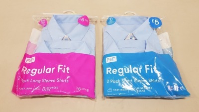 APPROX 80 X BRAND NEW F&F 2 PACK REGULAR FIT LONG AND SHORT SLEEVED SHIRTS IN BLUE - SIZES 6-7- 10-11- 13-14 - 15-16 YEARS