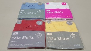 APPROX 80 X BRAND NEW F&F 2 PACK GIRLS AND BOYS WHITE, YELLOW, RED AND BLUE POLO SHIRTS IN SIZES 5-6 9-10-12-13-15-16 YEARS ETC