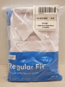 76 X BRAND NEW F&F REGULAR FIT PACKS OF 2 LONG SLEEVE SHIRTS IN WHITE IN SIZE 15-16 YEARS (NOTE 38 BAGS OF 2 SETS)