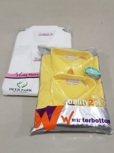 75 X BRAND NEW MIXED SCHOOL CLOTHING LOT CONTAINING DEER PARK 2 PACK OF WHITE LONG SLEEVED SHIRTS IN VARIOUS SIZES AND WINTERBOTTOMS 2 PACK OF YELLOW SHIRTS IN VARIOUS SIZES