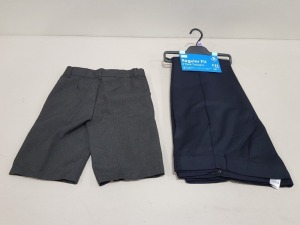 94 X PIECE MIXED F&F SCHOOL CLOTHING LOT CONTAINING 36X PACKS OF 2 REGULAR FIT NAVY TROUSERS IN SIZE 12-13 AND 58 X PACKS OF 2 REGULAR FIT SHORTS IN GREY SIZE 8-9 YEARS