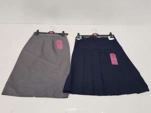 130 X GIRLS SKIRTS IN GREY AND NAVY IN VARIOUS SIZES IN 2 BOXES