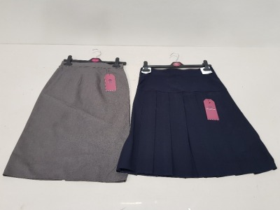 130 X GIRLS SKIRTS IN GREY AND NAVY IN VARIOUS SIZES IN 2 BOXES