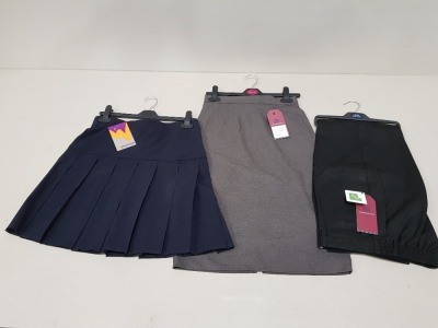 126 X TROUSERS (BLACK) AND GIRLS SKIRTS IN GREY AND NAVY IN VARIOUS SIZES IN 2 BOXES