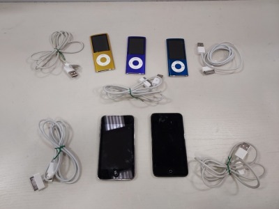 5 PIECE I POD LOT CONTAINING 2 X APPLE IPOD TOUCH 32GB STORAGE - CHARGE CABLE , 3 X APPLE IPOD NANO 8GB