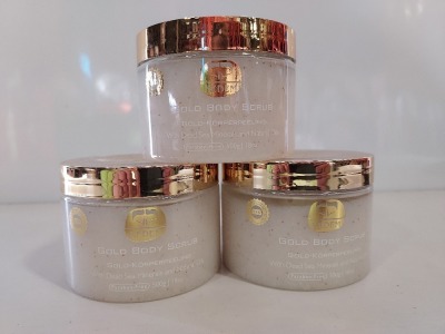 8 X BRAND NEW GOLD BODY SCRUB - WITH DEAD SEA MINERALS AND NATURAL OILS - 500 G TUBS - NO EXPIRY DATE