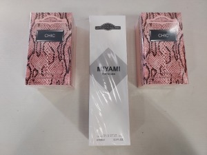 40 X BRAND NEW PERFUME LOT CONTAINING 34 X BRAND NEW ORIGINAL FRENCH COLLECTION CHIC EAU DE PARFUM - 100 ML , AND 6 X BRAND NEW ORIGINAL FRENCH COLLECTION MIYAMI WOMANS EAU DE PARFUM - 100 ML