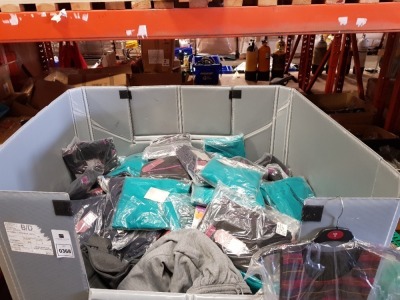 350+ MIXED CLOTHING LOT CONTAINING V-NECK SWEATSHIRTS, TIBS RUGBY SHIRTS, WINTERBOTTOM SCHOOLWEAR SHORTS, TROUSERS, ETC ALL IN VARIOUS SIZES AND COLOURS. (FULL PALLET).