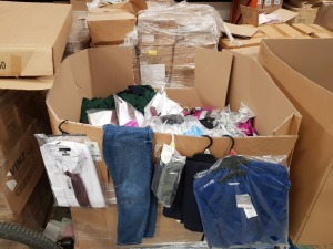 250+ MIXED CLOTHING LOT CONTAINING F&F CYCLING SHORTS 2 PACK, PEACOCKS LONG SLEEVE SLIM FIT SHIRTS WITH RED TIE, F&F TROUSERS, SKINNY FIT JEANS, COTTON RICK CARDIGAN SCHOOL JUMPERS, ETC ALL IN VARIOUS COLOURS AND SIZES. (FULL PALLET)