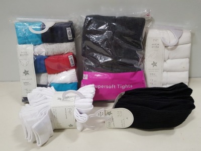 32 PACKS X F&F ANKLE SOCKS, BOYS BRIEFS, GREY SUPERSOFT TIGHTS IN 2 TRAYS. (PLEASE NOTE, MOST PACKS CONTAIN 10 PAIRS EACH)