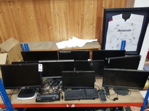 14 PIECE MIXED ELECTRONIC LOT CONTAINING 10 X BRANDED MONITORS (LENOVO, DEL, HP, ETC), 2 X KEYBOARD, 1 X LABEL MAKER, TEXET A4 LAMINATOR AND VARIOUS COMPUTER CABLES