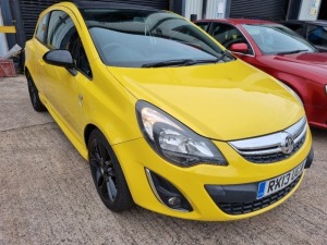 YELLOW VAUXHALL CORSA LIMITED EDITION. Reg : RK13UUA Mileage : 59977 Details: 5 SPEED MANUAL PETROL 3 DOOR H/B CORSA 1229CC FIRST REGISTERED 17/5/2013 1 KEY NO V5 OR MOT HAS AIR CON CAT N INSURANCE LOSS