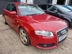 RED AUDI A4 S LINE TDI 170. ( DIESEL ) Reg : DEO7GXN Mileage : 153200 Details: 6 SPEED MANUAL DIESEL AUDI A4 S LINE 1986CC FIRST REGISTERED 29/3/2007 1 KEY, NO V5 MOT UNTIL 31/1/2023 CLIMATE CONTROL BOSE SPEAKERS