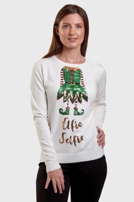 63 X BRAND NEW LADIES ASSORTED NOVELTY CHRISTMAS JUMPERS IE. WISHES EYELASH BLUE (M-10, XS-19), MRS CLAUS CREW NECK SEQUIN - CREAM (UK18-5, UK16-11), GREY (UK10-12), TOO PUD TO BE TRUE (UK12-4), ELFIE SELFIE CREAM (UK10), HEART & SOUL SEQUIN (UK8)