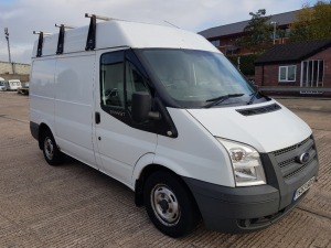 WHITE FORD TRANSIT 100 T280 FWD Reg No: YC63 UDX, Mileage: 90,031 Engine Size: 2198CC, 1st Registered: 27/01/2014, WITH 1 KEY, WITH V5, MOT UNTIL 20/12/2022, WITH AIR CON & PARROT HANDSFREE, 3X RHINO ROOF BARS, LOCKING CABINET, DRAWERS & SHELVES IN VAN RE