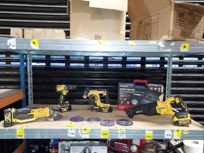 5 PIECE TOOL LOT CONTAINING PARKSIDE CORDLESS SABRE SAW -( PSSA 20-LI-A1 ) , DEWALT 18V XR BRUSHLESS RECIPRICATING SAW , DEWALT DCG412 ANGLE GRINDER , DEWALT DCH253 SDS DRILL , DEWALT DCD796 CORDLESS DRILL - WITH VARIOUS CUTTING DISCS