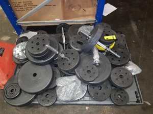 30 + VARIOUS WEIGHT PLATES TO INCLUDE ( 1.0 KG 1.5 KG , 1.75 KG 2.5 KG , 5KG , 10 KG ) ALSO INCLUDES DUMBBELL BARS WITH SCREW ENDS