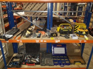 20 PIECE MIXED TOOL LOT CONTAINING STANLEY OIL-FREE AIR COMPRESSOR 8 BAR , 110 V 4-WAY SITE DISTRIBUTION UNIT , ZONE EAR MUFFS , WALL AND FLOOR ADHEASIVE TOWEL , POWERGLIDE TILE CUTTER , FERREX INSPECTION CAMERA , VARIOUS SIZED SCREWS VARIOUS ZIP TIES - 