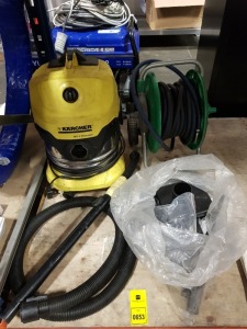 2 PIECE MIXED LOT CONTAINING KARCHER MV-4 PREMIUM WET AND DRY VACUUM CLEANER - INCLUDES VARIOUS ATTACHMENTS AND 1 X HOZELOCK GARDEN HOSE - WITH AIR LINE ATTACHMENT ON HOSE