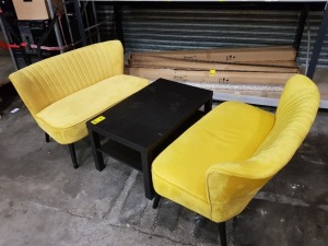 3 PIECE SOFA SET INCLUDING 2 X 2 SEATER YELLOW SOFAS WITH 1 X WOODEN COFFEE TABLE (TABLE DIMENSION 90L X 55W X 45 H ) SOFA LENGTH 100CM X 40 CM SITTING HEIGHT )