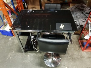 3 PIECE BLACK GLASS OFFICE COMPUTER DESK - INCLUDING 2 HIGH STOOL CHAIRS - ( DIMENSIONS - 112 CM L X 70 CM W X 80 CM H )