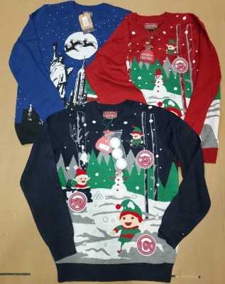 39 X BRAND NEW ASSORTED NOVELTY CHRISTMAS JUMPERS IE. MERRY CHRISTMAS SNOWBALL ELVES THROWING THREE VELCRO BALLS RED (XXL-3, XL-5, L-3, M-1, S-1), NAVY BLUE (XL-8, L-6, M-5), NEW YORK THEME ECLIPSE BLUE (L-7)