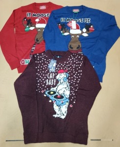 39 X BRAND NEW ASSORTED NOVELTY CHRISTMAS JUMPERS IE. ICE CAP BABY POLAR BEAR DJ BURGUNDY (XL-1, L-5, M-14), THREADBARE FAIRISLE BLACK (M-9), IT MOOSE BE LIGHT UP BLUE (XL-1, L-1, S-3), RED (XL-1, L-1, S-3)