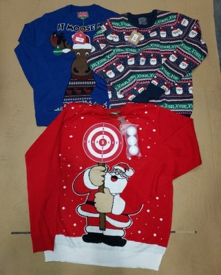 55 X BRAND NEW ASSORTED NOVELTY CHRISTMAS JUMPERS IE. SNOWMAN ECLIPSE BLUE (XL-8, L-3, S-2). IT MOOSE BE LIGHT UP BLUE (XL-2, L-11, M-6). HAPPY NEW BEER NAVY (S-8), SANTA TARGET WITH 3 BALLS (XL-6, L-6, S-2)