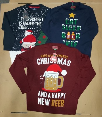 21 X BRAND NEW ASSORTED NOVELTY CHRISTMAS JUMPERS IE.HAPPY NEW BEER CLARET RED (XL-3, L-1, M-2), THIS WAY TO THE PUB COBALT BLUE (S-3), EAT/SLEEP/BEER/REPEAT (M-4), YOUR PRESENT IS UNDER THE TREE (M-3, S-5)