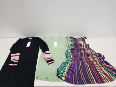 24 X BRAND NEW MIXED DRESS LOT CONTAINING M & G MONOGRAM KNITTED DRESS IN BLACK / RED/ BEIGE , BRAND NEW LAETITIA MEM MULTICOLOURED DRESSES AND BRAND NEW EXQUISS'S KNITTED JUMPER - ALL IN VARIOUS SIZES