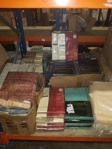 A HALF BAY, BRAND NEW MIXED LOT CONTAINING - CLASSIC COLLECTION LUXURY MADE CURTAINS AND ACCESSORIES IN VARIOUS DESIGNS AND COLOURS, MACKAYS PELMET CURTAINS AND PILLOWCASES ETC
