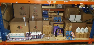 FULL BAY BRAND NEW MIXED LOT CONTAINING DISPOSABLE PLASTIC CUPS, FOOT BATH SALTS, KIDS WALLPAPER, CHROME MULTI PURPOSE HOLDER, CAT GROOMING ARCH, ROCK AND ROLLER TOYS ETC
