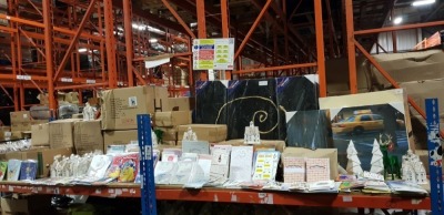 2 X FULL BAYS BRAND NEW MIXED LOT CONTAINING - CHRISTMAS CERAMIC LIGHT UP HOUSES, CHRISTMAS REINDEER ORNAMENT, LARGE AMOUNT OF GIFT CARDS AND ENVELOPES ETC