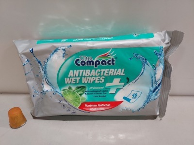 480 X PACKS OF ULTRA COMPACT ANTIBACTERIAL WET WIPES -PH BALANCED- (40PC PER PACK) IN 20 BOXES ( EXPIRY DATE 04 / 06 / 22 - BUT APPEAR FULLY USEABLE )