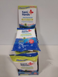 525 X PACKS OF 10 (DISPLAY BOXES) SANI HANDS ANTI BACTERIAL PLASTIC FREE HAND WIPES - UP TO 6 HOURS PROTECTION - ON 1 PALLET ( EXPIRY DATE 09/2022 - BUT APPEAR FULLY USEABLE )