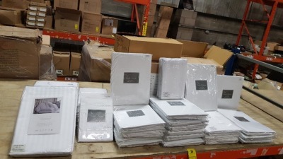 76 X PIECE MIXED STUDIO COLLECTION BRAND NEW BEDDING LOT CONTAINING - 3X THE REAL HOTEL 100% COTTON DUVET COVERS AND PILLOW CASES SET SIZE 260X220CM - 1X THE REAL HOTEL 100%COTTON WHITE DUVET COVERS SIZE 200X200CM - 24X 100% COTTON WHITE FITTED SHEETS SI